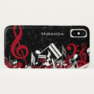 Jumbled Music Notes Red Grey and White on Black Case-Mate iPhone Case