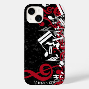 Jumbled Music Notes Red Grey and White on Black Case-Mate iPhone 14 Case