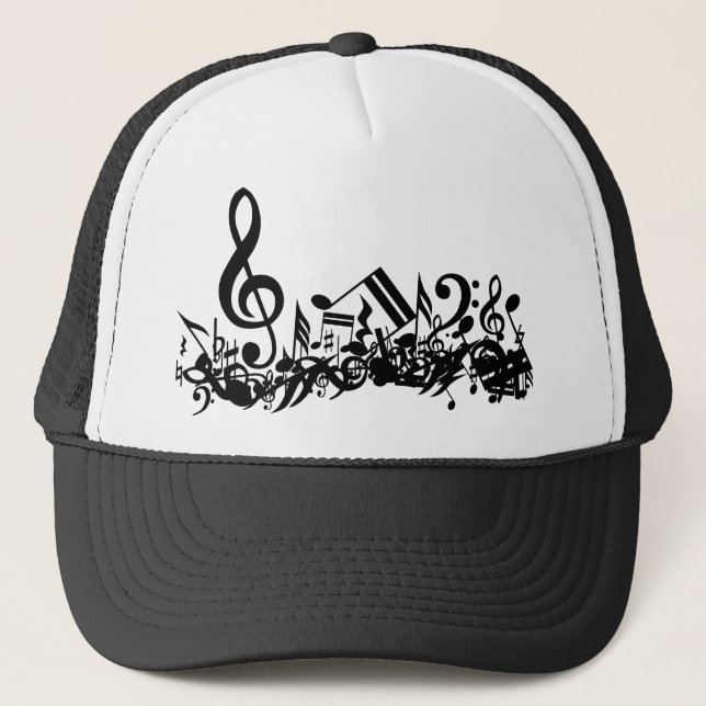 Jumbled Musical Notes Black and White Trucker Hat (Front)