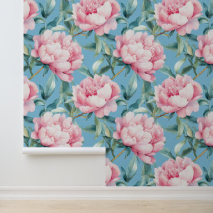 Jumbo Blush Pink Peonies with Sky Blue Background Wallpaper
