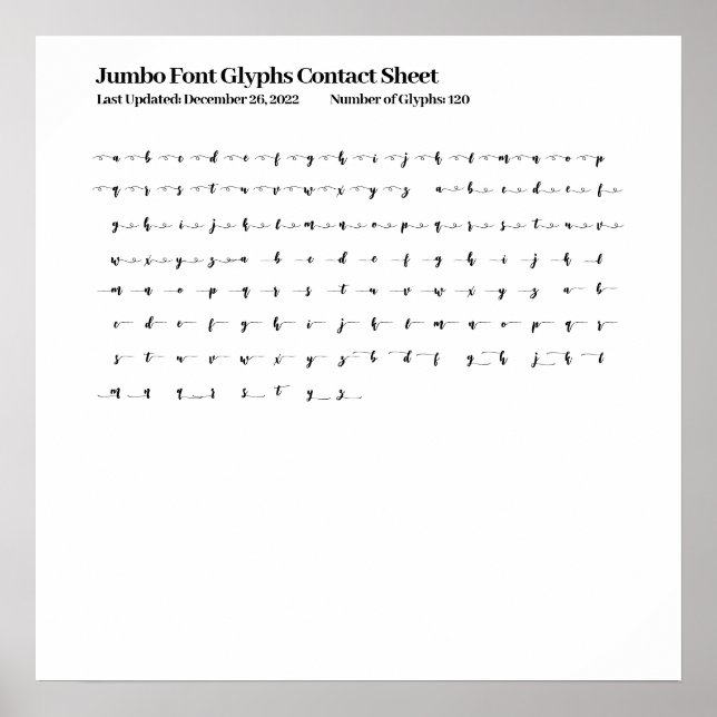 Jumbo Font Glyphs Contact Sheet Poster (Front)