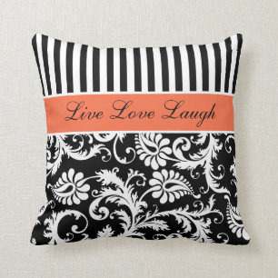 Jumbo Orange Black White Stripes Damask Pillow