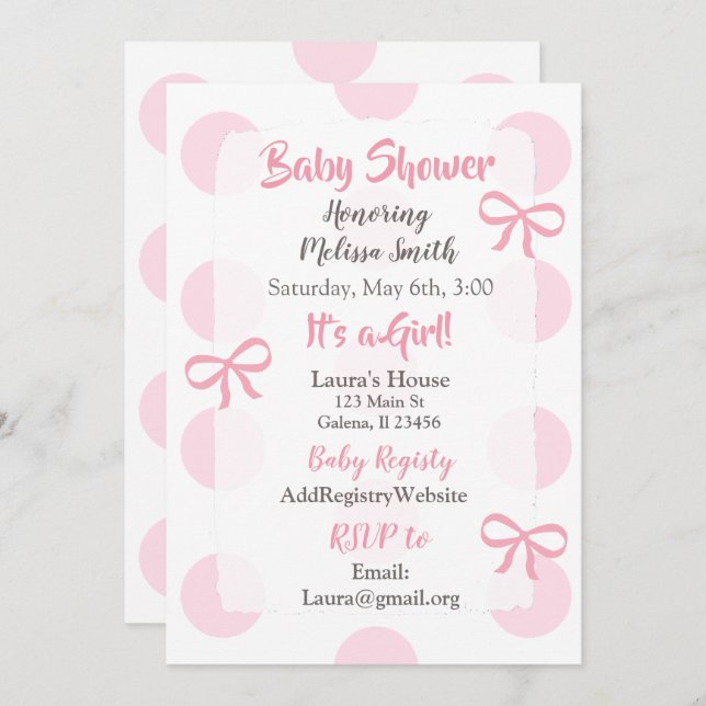 Jumbo Pink Polka Dot girl's Baby Shower Invitation (Front/Back)