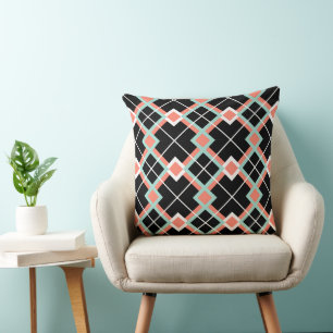 Jumbo Plaid (Coral Mint Black White) Throw Pillow