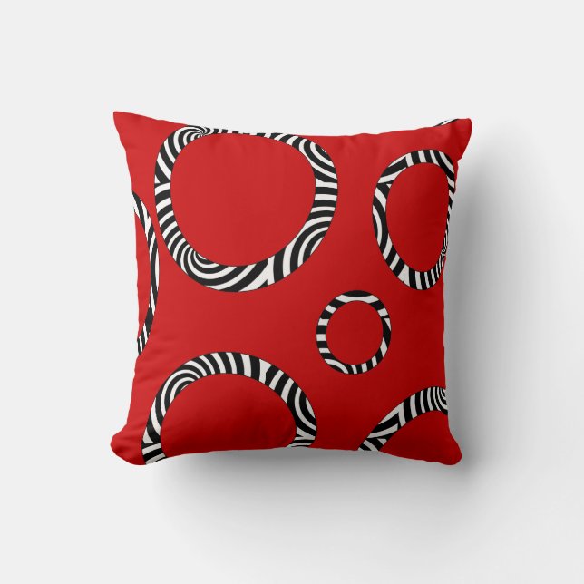 Jumbo Red, Black, White Striped Circles Pillow (Front)