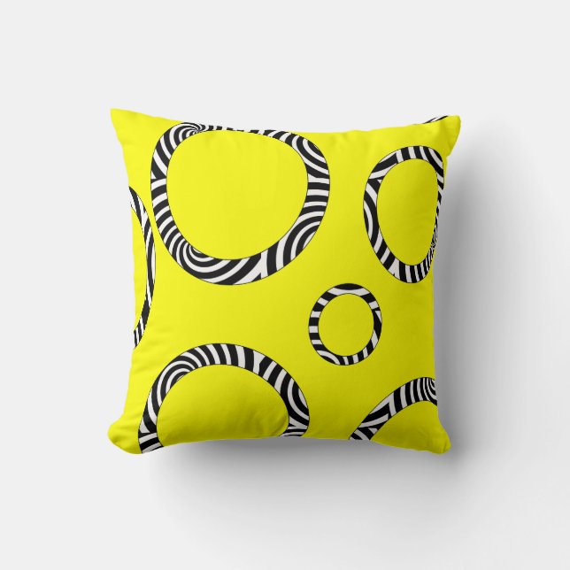 Jumbo Yellow, Black, White Striped Circles Pillow (Front)