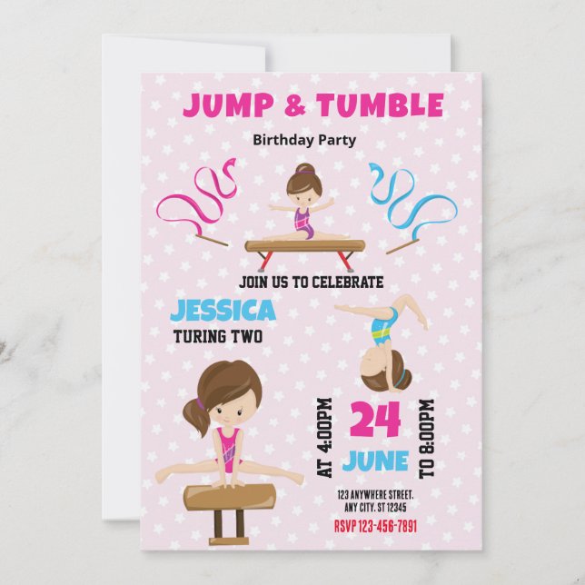 Jump and Tumble Gymnastics Birthday Invitation (Front)
