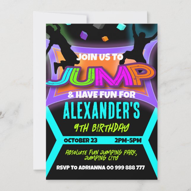 Jump Birthday, Bounce House Trampoline Park Boy Invitation (Front)