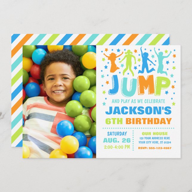 Jump Birthday Invitation, Trampoline Bounce House Invitation (Front/Back)