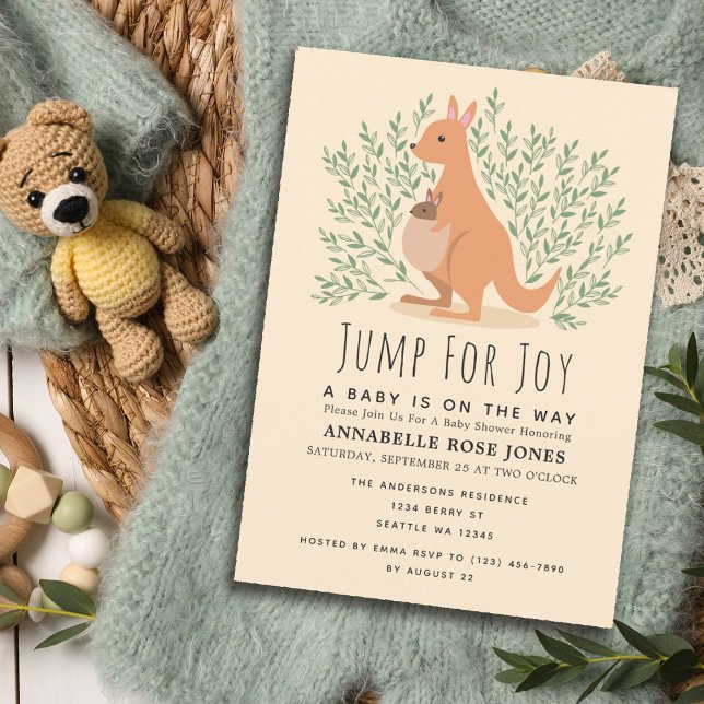 Jump For Joy Cute Kangaroo Baby Shower Invitation (Mock-Up Background provided by Freepik)