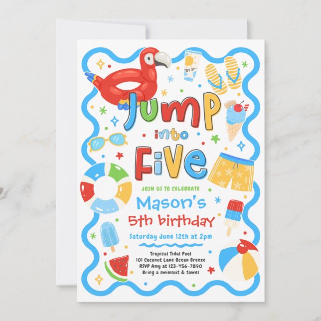 Jump Into Five Summer Pool Party 5th Birthday Invitation (Front)