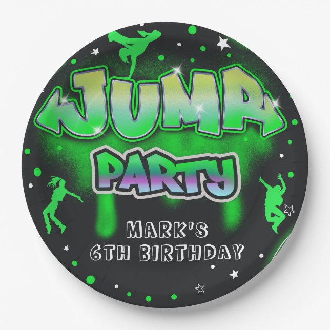 Jump Neon Trampoline Birthday Party Paper Plate (Front)