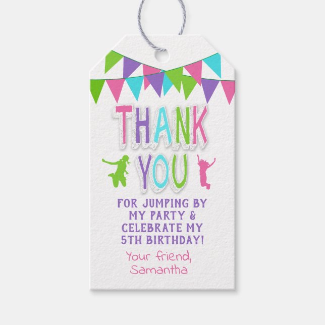 Jump party bounce pink teal purple favour tag (Front)