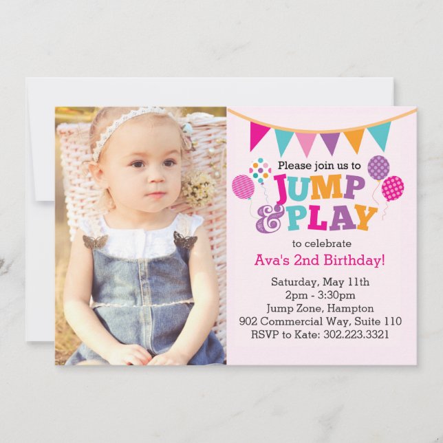 Jump & Play Balloons Photo Invitation (Pink) (Front)