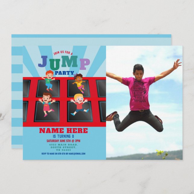 Jump Trampoline Birthday Blue Boys Photo Invitation (Front/Back)
