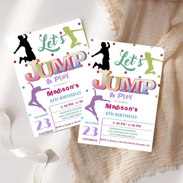 Jump Trampoline Colourful girl birthday party Invitation (Creator Uploaded)