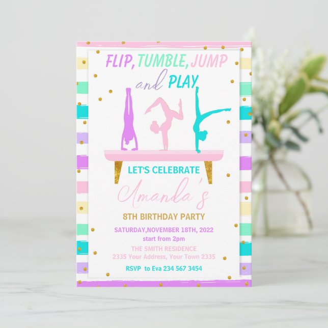 Jump Tumble and Play Gymnastics Birthday Party Invitation (Standing Front)