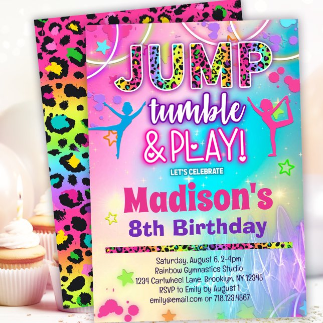Jump Tumble & Play Rainbow Leopard Gymnastics Invitation (Creator Uploaded)
