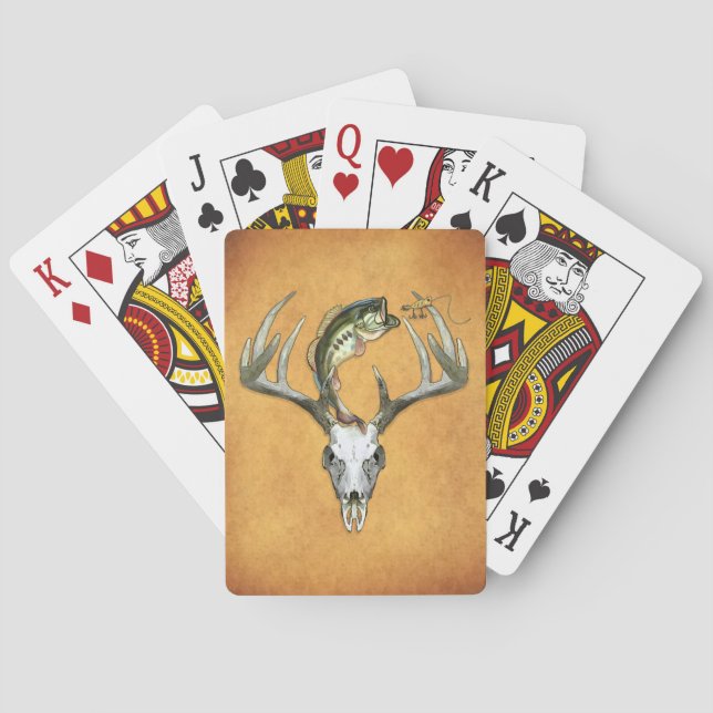 Jumping Bass Over Big Buck Deer Skull Playing Cards (Back)