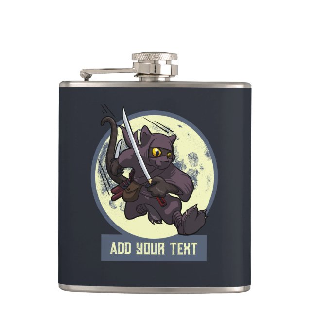 Jumping Black Cat Ninja Alternative Animal Artwork Hip Flask (Front)