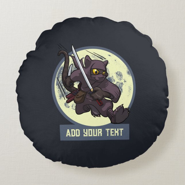 Jumping Black Cat Ninja Custom Text Animal Artwork Round Cushion (Front)