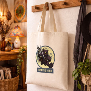 Jumping Black Cat Shopping Ninja Animal Artwork Tote Bag