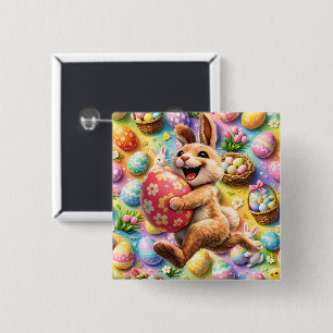 Jumping bunny and floral egg whimsical Easter wall 15 Cm Square Badge