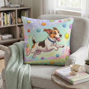 Jumping Dog Chasing Balls Cute Whimsical Cushion