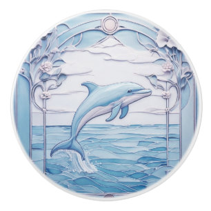 Jumping Dolphin Art Nouveau Faux Relief Light Blue Ceramic Knob
