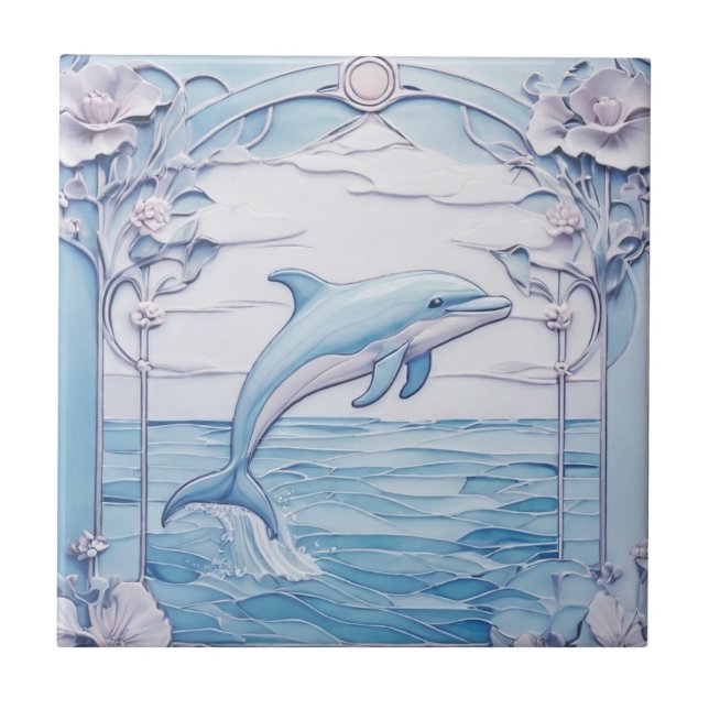 Jumping Dolphin Art Nouveau Faux Relief Light Blue Tile (Front)