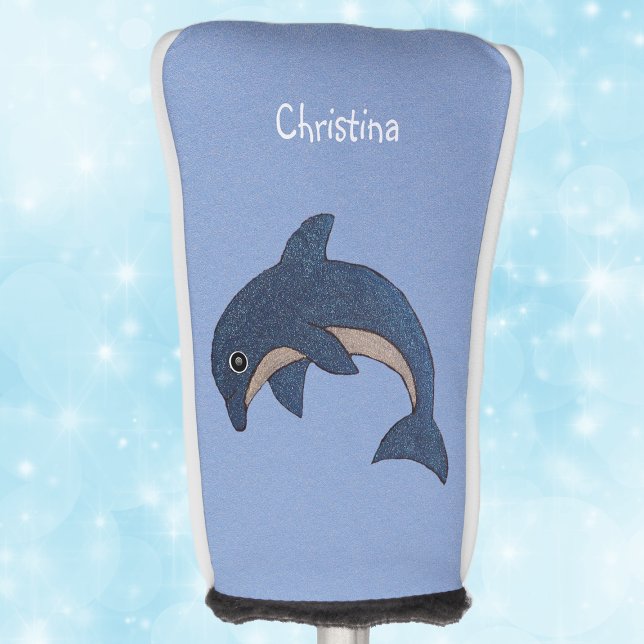 Jumping Dolphin Dark Blue White Swirl Eye Golf Head Cover (Sparkle like blue and white dolphin in jumping position on light blue golf club cover.)