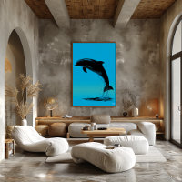 Jumping Dolphin Poster – Black Silhouette on Blue