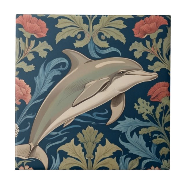 Jumping Dolphin William Morris style Right facing Tile (Front)
