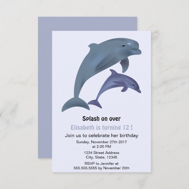 Jumping dolphins illustration birthday party invitation (Front/Back)