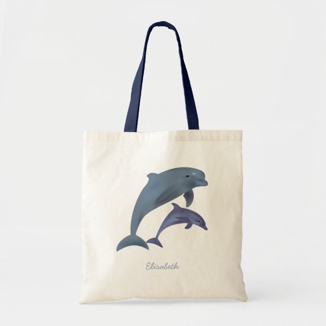 Jumping dolphins illustration name tote bag (Front)