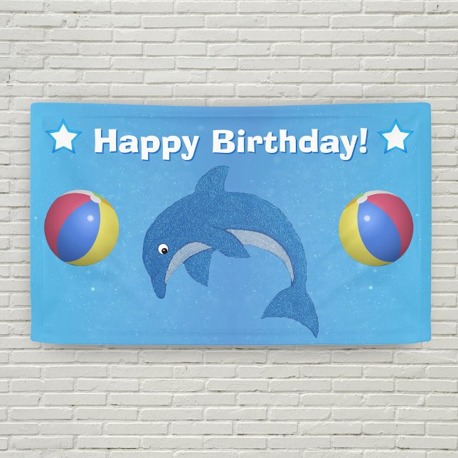 Jumping Fun Blue Dolphin Beach Ball Stars Birthday Banner (Fun blue jumping dolphin beach balls white stars on Happy Birthday bright blue backdrop.)