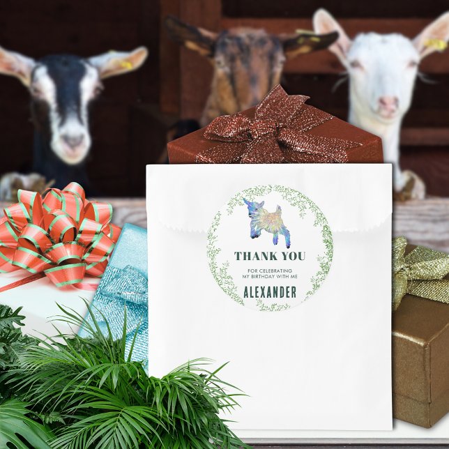 Jumping Goat Birthday Party Thank You Square Sticker (Cute jumping baby goat colorful farm animal art birthday party thank you favor sticker)