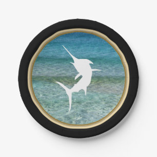 Jumping Marlin Ocean Black and Faux Gold Paper Plate