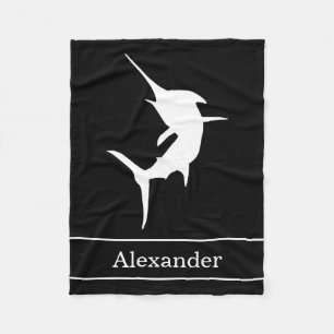 Jumping Marlin Silhouette On Black With Name Fleece Blanket