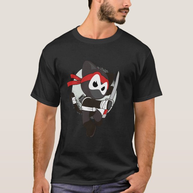 Jumping Ninja Cat Cartoon T-Shirt (Front)