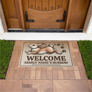 Jumping rabbit with customisable family name doormat