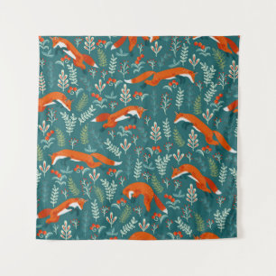 Jumping red foxes with ornaments seamless pattern tapestry