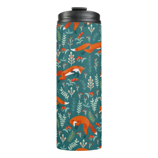 Jumping red foxes with ornaments seamless pattern thermal tumbler (Front)