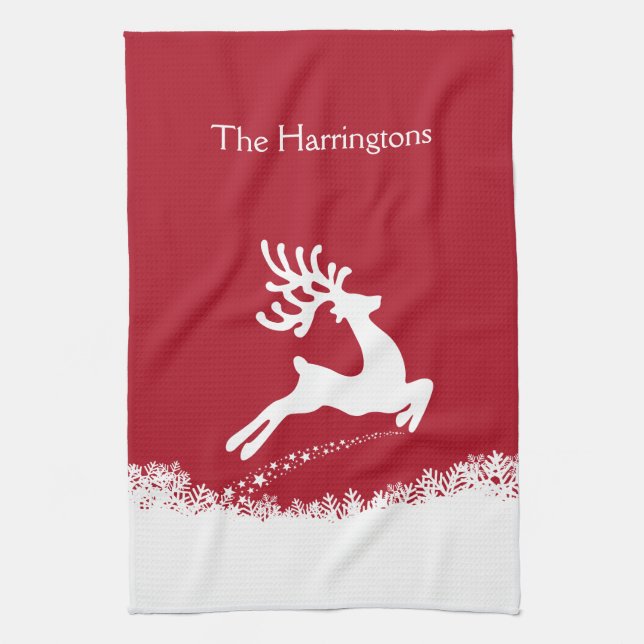 Jumping Reindeer custom name kitchen towel (Vertical)
