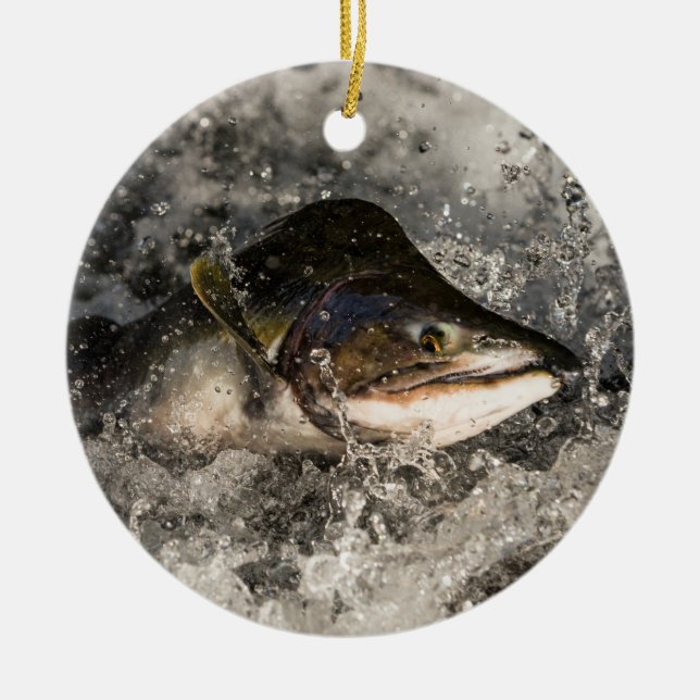 Jumping Salmon Ceramic Tree Decoration (Front)