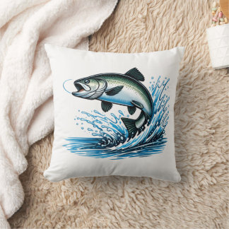 Jumping Salmon Splash Gift for Fisherman Art Cushion