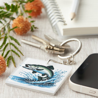 Jumping Salmon Splash Gift for Fisherman Art Key Ring