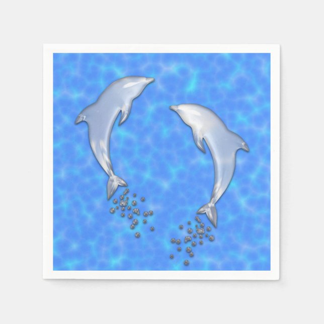 Jumping Sparkling Blue Dolphin With Bubbles Napkin (Front)