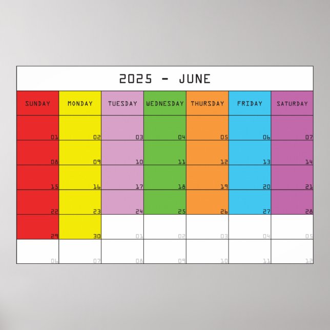 June 2025 colour days calendar planer poster (Front)