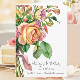 June Birth Flower Birthday Card Pink Peach Roses 